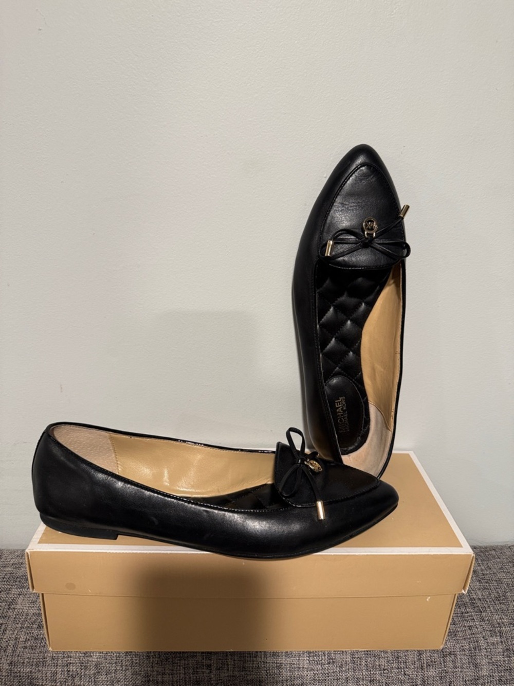 Michael Kors Black Quilted Leather Pointed Toe Flats with Gold Accents - Picture 2 of 6